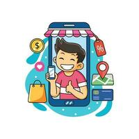 boy shopping online using a smart phone vector