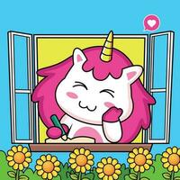 unicorns cartoon relaxing in the window with sunflowers vector