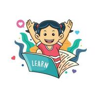 girl is studying with a book with a happy expression vector