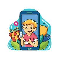 Boy enjoy shopping online using smart phone vector