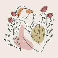 Mother holding her baby in her arms. Vector illustration in linear style.