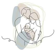 Continuous one simple single abstract line drawing of mother and father holding baby icon in silhouette on a white background. Linear stylized. vector