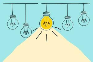 Illustration of light bulbs hanging from a rope on a blue background. Idea Concept of simplifying Complex Business Process Problem vector