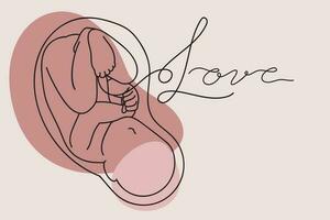 Continuous one simple single abstract line art drawing of a baby in mother womb of pregnant woman in silhouette on a pink background with the word baby. vector