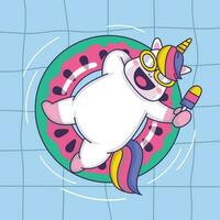 Cute cartoon unicorn on a swimming ring. Vector illustration for your design