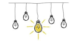 Idea concept with light bulbs. Hand drawn sketch vector illustration.