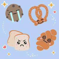 Set of kawaii food freshly baked bread with cute smiley face. Flat vector design