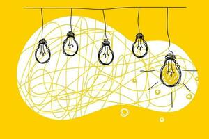 Illustration of a lightbulb hanging from a wire on a yellow background. Idea concept of simplifying Complex Business Process Problem vector