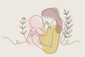 Continuous one simple single abstract line drawing of mother holding baby in her arms. vector