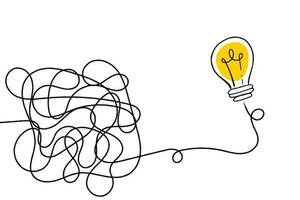 Lightbulb with tangled lines. Problem solving and brainstorming Idea concept. Vector illustration