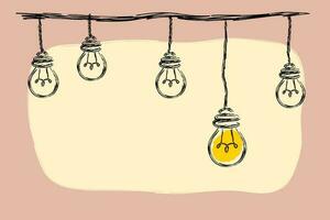 Hand drawn vector illustration of hanging light bulbs on a wire. Idea concept of simplifying Complex Business Process Problem