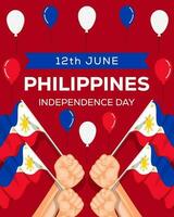 Philippines independence day illustration with hands holding Philippines flags vector