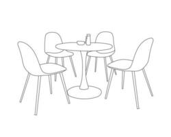 Restaurant furniture hand drawn outline, modern wooden chairs with dining table set with white background vector