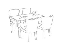 Restaurant furniture hand drawn outline, modern wooden chairs with dining table set with white background vector