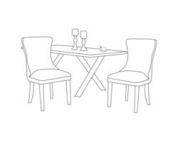 Restaurant furniture hand drawn outline, modern wooden chairs with dining table set with white background vector