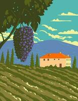 Grape Vine and Vineyard in Tuscany Countryside Central Italy WPA Art Deco Poster vector