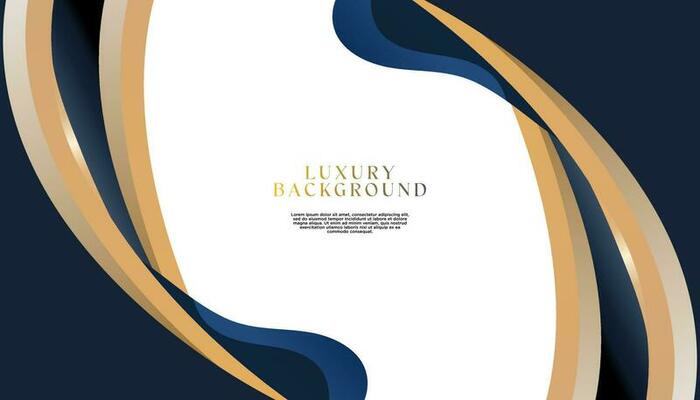 Dark blue curve shape abstract template. Premium luxury background with curve shapes and golden lighting lines on white background. Luxurious and elegant design. Perfect for posters, covers