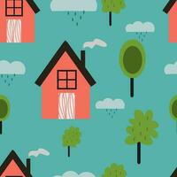 Cute tiny house seamless pattern with cute trees vector