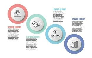 Infographic template for business information presentation. Vector circles and geometric elements. Modern workflow diagrams with example sentences. Report plan 4 topics