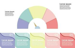 Infographic gauge template for  business information presentation. Vector show level on half circle and square text box. Modern workflow diagrams with sample text. Report plan 5 topics