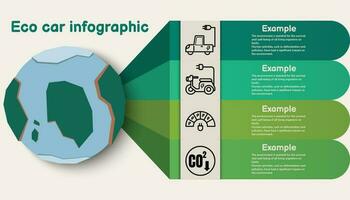 Infographic eco car template for energy consumption sustainable information presentation. Vector square and icon elements. ecology modern workflow diagrams. Report plan 4 topics