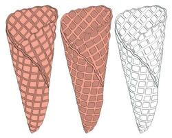 Three waffle cones to illustrate fillings for ice cream or other sweets. vector