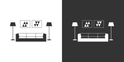 vivo habitación interior plano icono aislado en negro y blanco antecedentes. mueble icono con sofá, dos piso lamparas y carteles vector