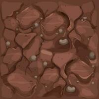 Ground texture, soil top view in cartoon style with stones and texture seamless. Game interface background, brown earth. . Vector illustration