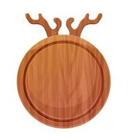 Cutting board wooden circle chopping desk with horns top view in cartoon style isolated on white background. Wood shield, menu mockup. Vector illustration