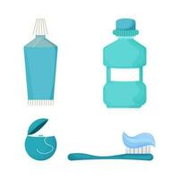 Set dental floss, mouthwash, toothpaste and toothbrush isolated on white background in flat style. Vector illustration