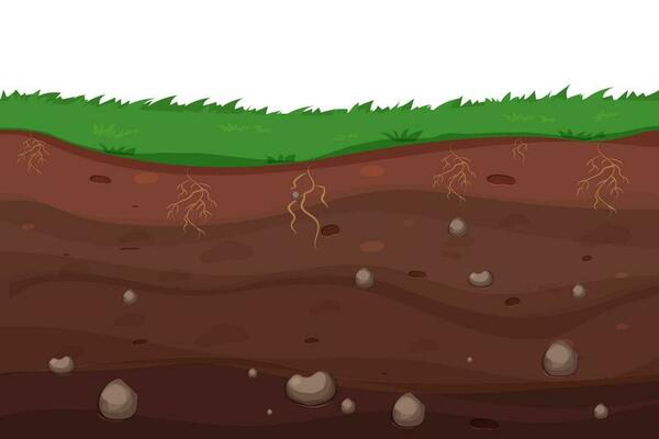 Ground land underground cross section textured with stones in cartoon style. Game level, scenery. Farming ar garden. Vector illustration