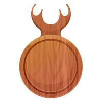 Cutting board wooden circle chopping desk with horns top view in cartoon style isolated on white background. Wood shield, menu mockup. Vector illustration