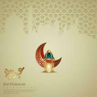 Luxurious and elegant Eid mubarak  Arabic Calligraphy Design with lanterns and islamic decoration Islamic mosaic ornament texture for greeting cards and banners. vector