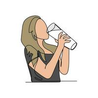 uno continuo línea dibujo de un mujer es Bebiendo leche. bebida en sencillo lineal estilo. bebida diseño concepto vector ilustración