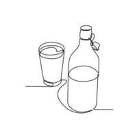 uno continuo línea dibujo de botella y vaso con Leche contiene bebida en sencillo lineal estilo. bebida diseño concepto vector ilustración