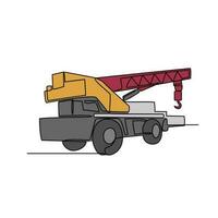 One continuous line drawing of mobile crane in the site project . Construction Project design concept with simple linear style. Construction Project vector design illustration concept