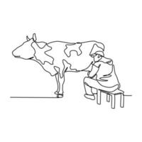 One continuous line drawing of people is milking a cow. beverage in simple linear style. beverage design concept vector illustration