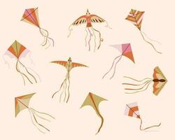 Hand drawn kite icons set. Makar Sankranti festival. Simple illustration isolated on beige background. vector