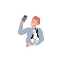 Man doing selfie with cat. Concept of happy pet owner. Vector illustration in a flat style isolated on white background.