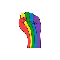 arco iris de colores puño elevado arriba. línea Arte. humano mano en lgbt bandera colores. mano dibujado vector ilustración.