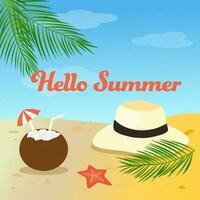 summer background, hello summer, summer card with palm tree, hat and coconut vector