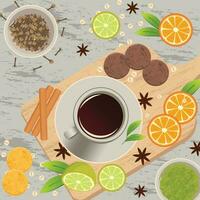 A cup of tea with lemon slices, lime slices, biscuits, and herbs on cutting board vector