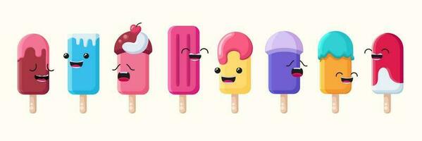 Set of cute summertime ice cream characters with eyes and smile, tasty dessert colorful  illustrations in a flat style. vector