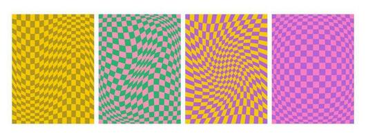 Set of modern checkered abstract backgrounds. Chess board optical modern art. Psychedelic illusion, swirls. Hippie groovy abstract covers, posters, cards. Vector illustration.