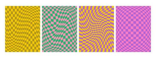 Set of modern checkered abstract backgrounds. Chess board optical modern art. Psychedelic illusion, swirls. Hippie groovy abstract covers, posters, cards. Vector illustration.