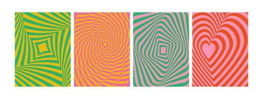 Set of modern optical abstract backgrounds. Optical modern art. Psychedelic illusion, swirls. Hypnotic surreal abstract covers, posters, cards. Vector illustration.