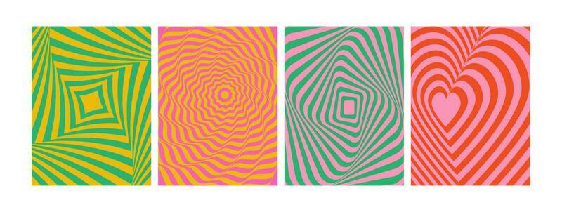 Set of modern optical abstract backgrounds. Optical modern art. Psychedelic illusion, swirls. Hypnotic surreal abstract covers, posters, cards. Vector illustration.