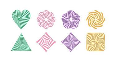 Optical modern art. Psychedelic illusion. Hypnotic surreal abstract shapes, stickers, swirls. Vector illustration.