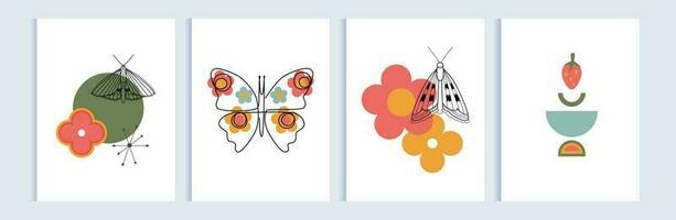 Set of modern abstract posters, covers, backgrounds. One line art butterflies, flowers, abstract shapes. Minimal mid century modern concept. Colorful simple background, banner, flyer. vector