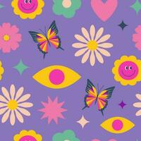 70s retro groovy hippie seamless pattern. Colorful flowers, mystic eyes, butterflies, Y2k, 1970 good vibes, trippy. Nostalgic background, digital paper. Vector illustration.